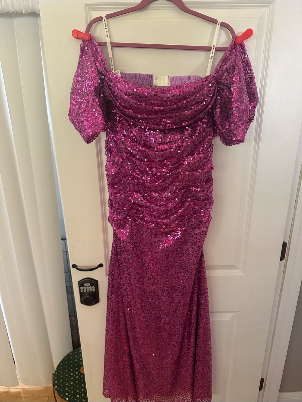 Fuchsia Sequin Off-Shoulder Evening Dress